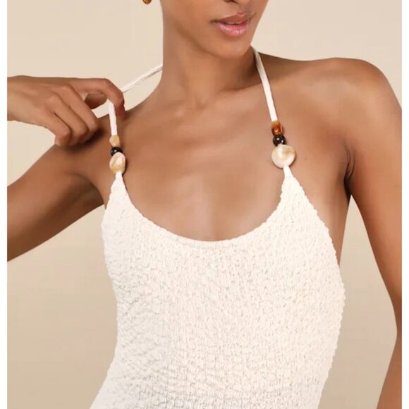 Lulus Meike Cream Textured Knit Beaded Halter Midi Dress Sz Large Womens Cream - Picture 10 of 16